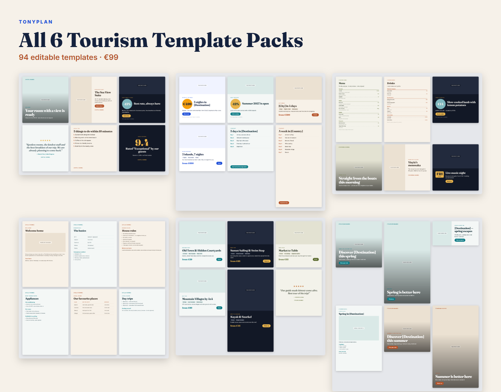 All 6 Tourism Business Template Packs — Hotels, Agencies, Restaurants, Villas, Tours & Destinations — preview