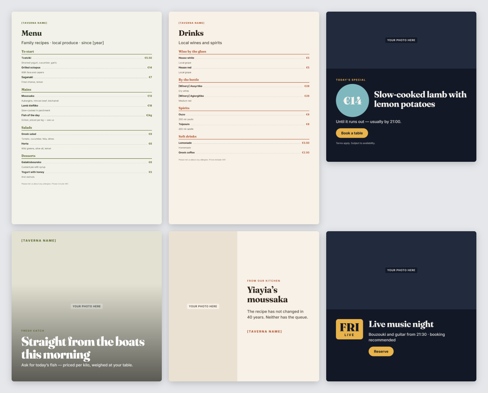 Restaurant & Taverna Template Pack — Menus, Specials & Stories — preview